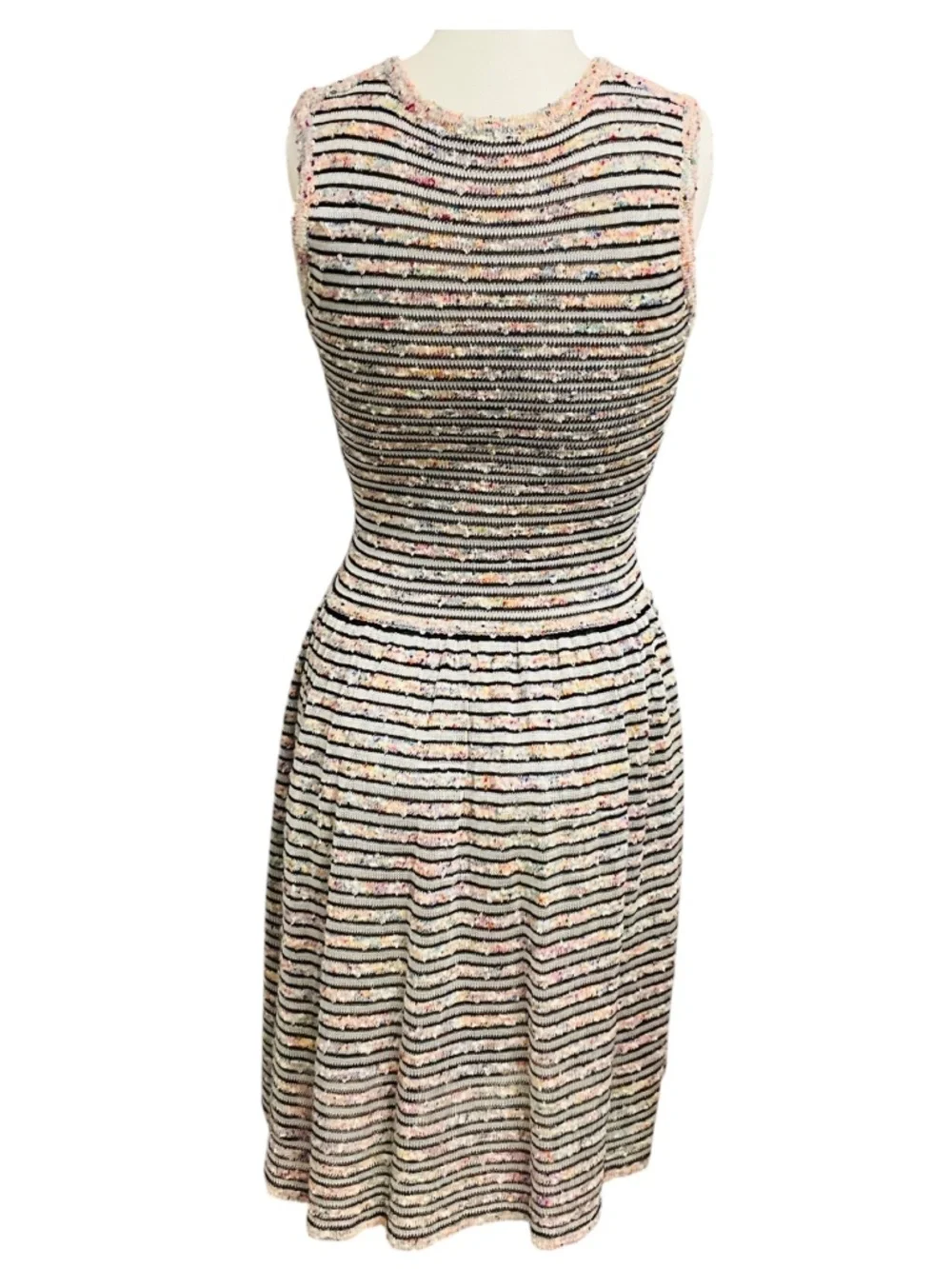 CHANEL MULTICOLOR STRIPED KNIT SLEEVELESS FLARED DRESS WITH CC LOGO BUTTONS